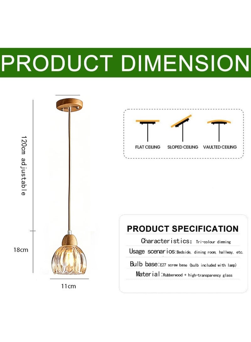 روعة مصباح معلق على شكل بتلة من الخشب الصلب على الطراز الياباني، مصباح طاولة سرير غرفة نوم وغرفة طعام عصري بسيط، إضاءة قابلة للتعديل بثلاثة ألوان (مصباح LED مرفق) - Image 2